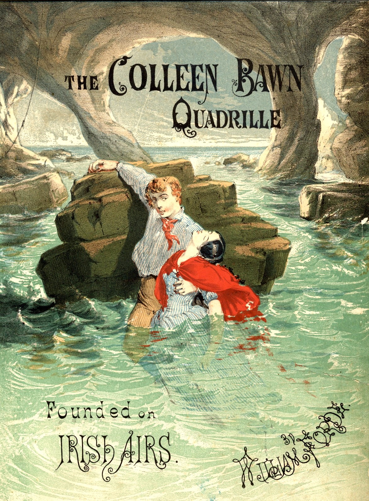 Cover for sheet music accompanying the play "The Colleen Bawn" by Dion Boucicault, c.1861, featuring the famous drowning scene