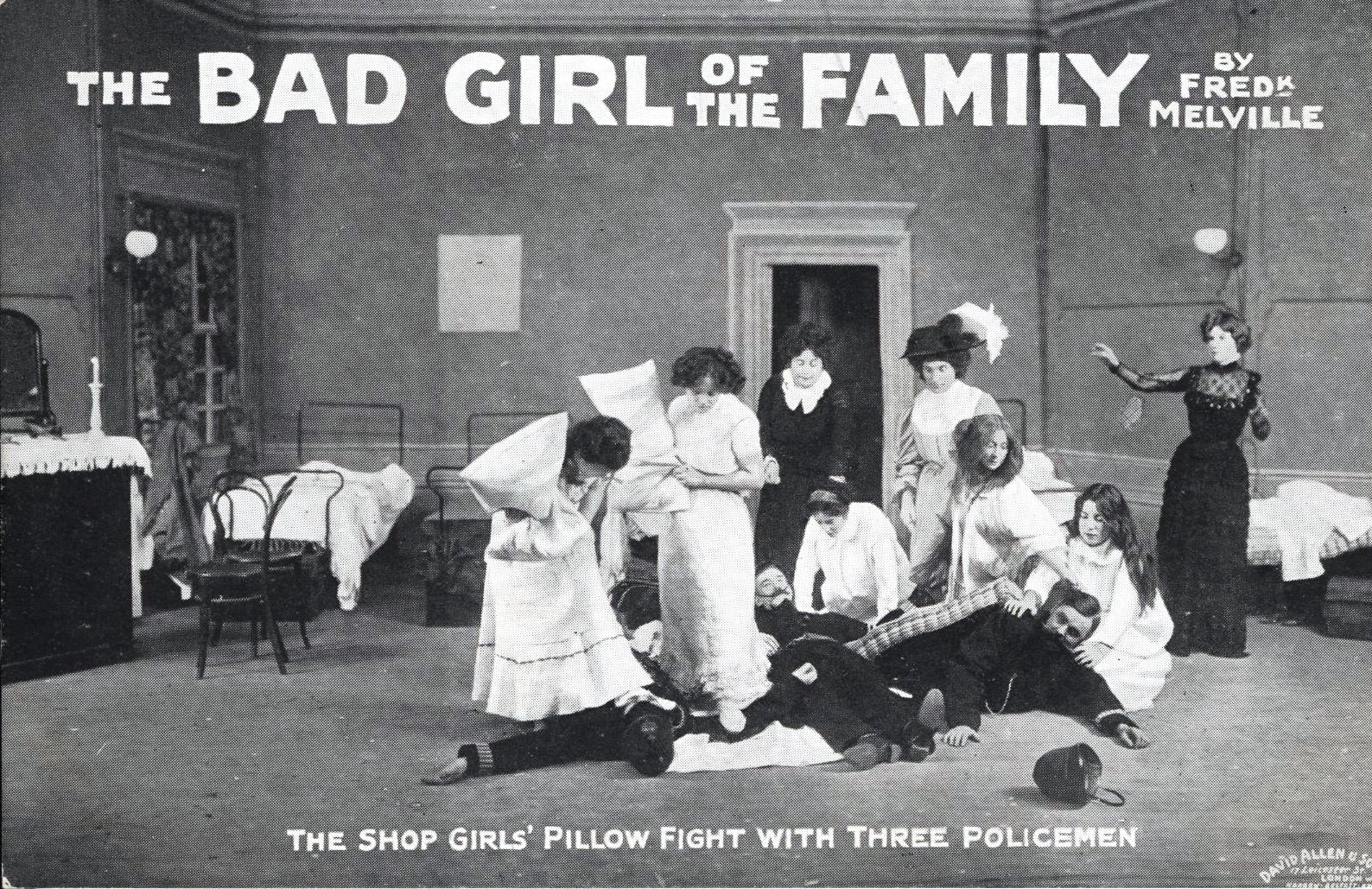 Black and white postcard photograph publicising 'The Bad Girl of the Family' by Frederick Melville, and showing a scene from the play
