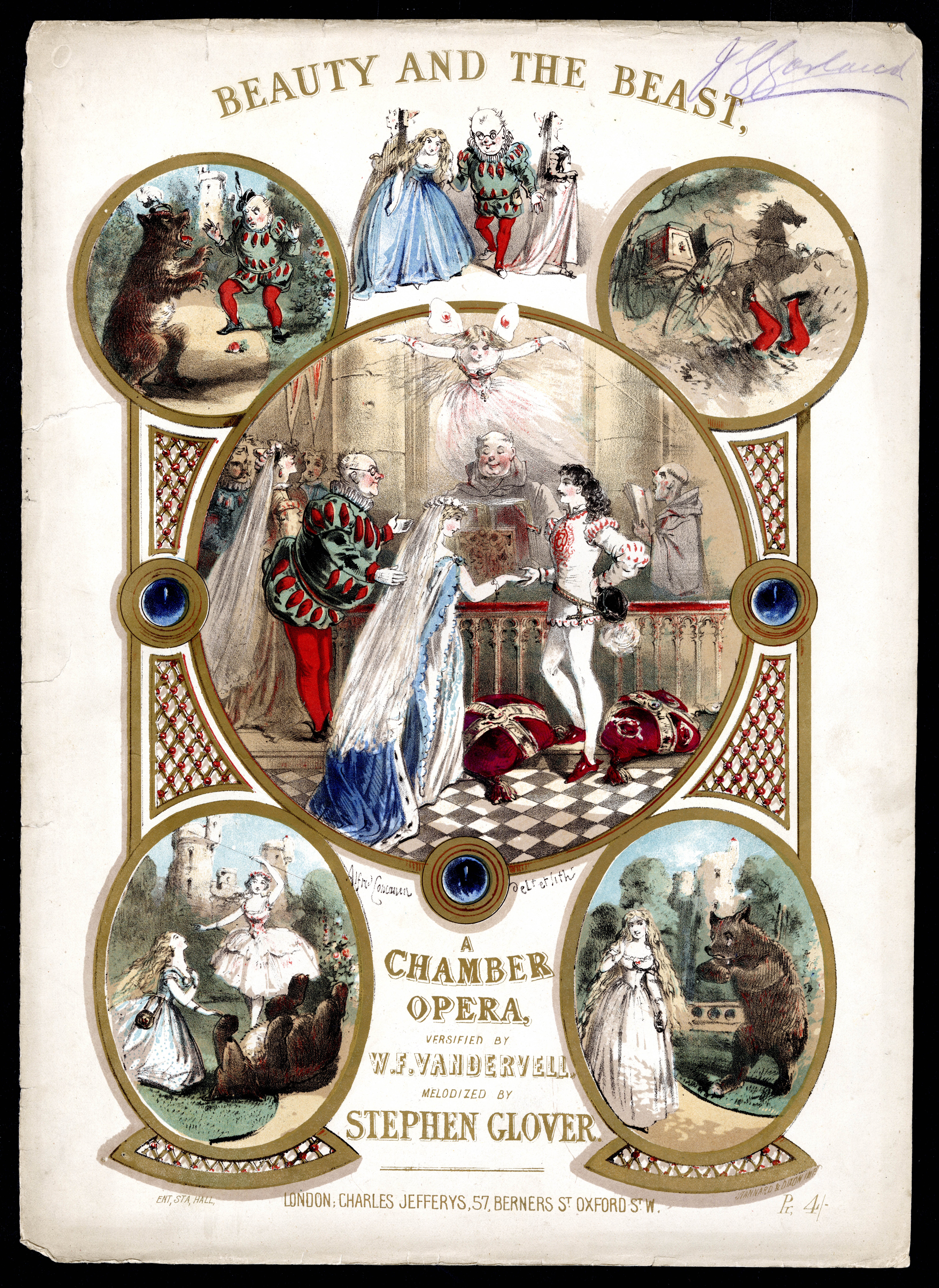 Cover for sheet music of 'Beauty and the Beast: A Chamber Opera' with five illustrations
