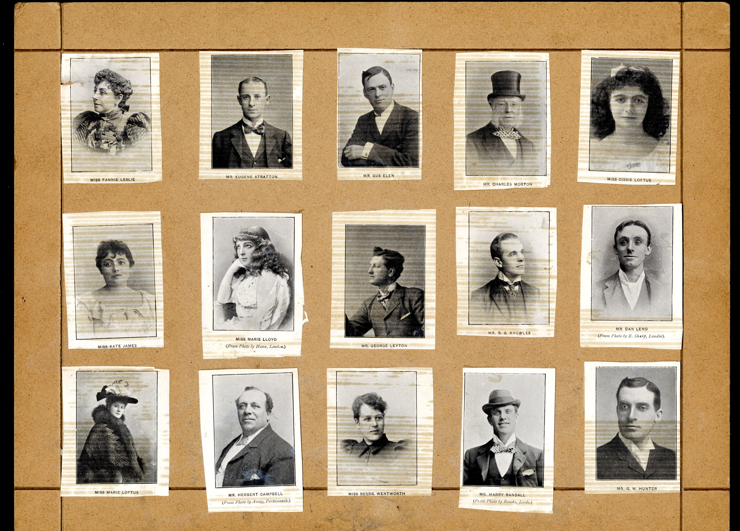 Selection of photographs of music hall stars pasted onto a brown backing board from the Max Tyler Music Hall Collection