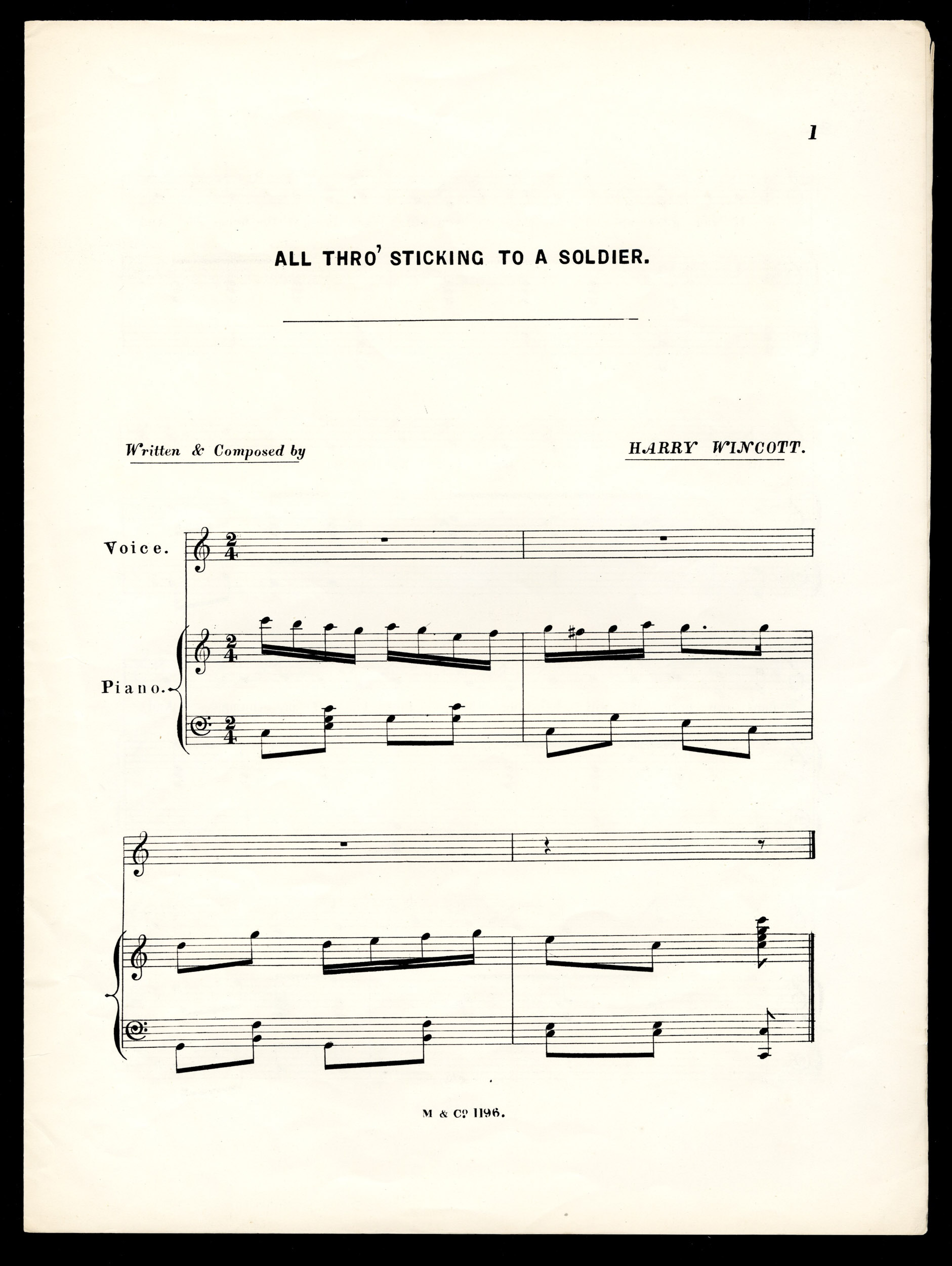Musical score for 'All Thro' Sticking to a Soldier' sung by Miss Ada Lundberg, from the Max Tyler Music Hall collection