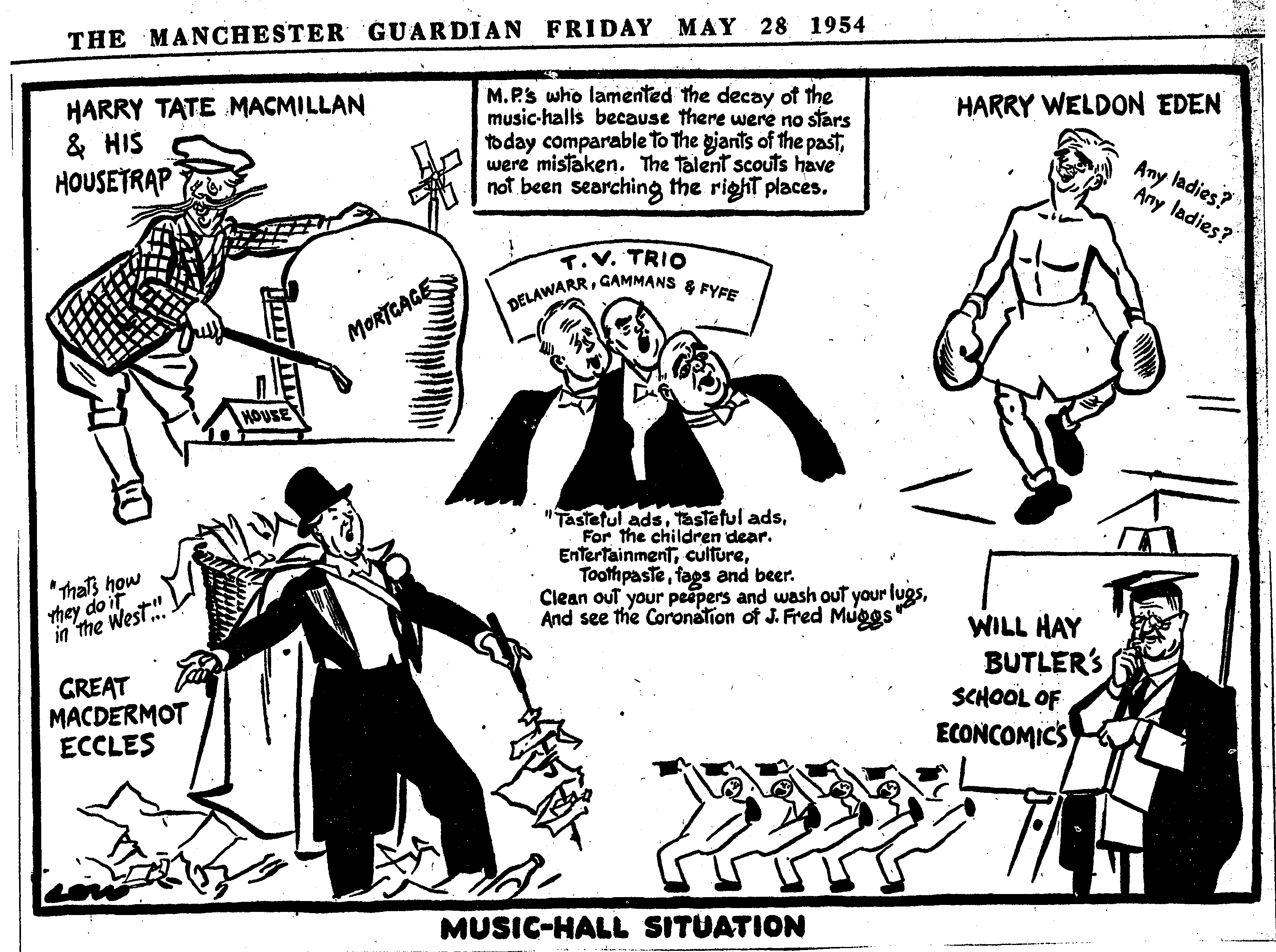 Cartoon by David Low comparing the current political situation to a night of music hall entertainment
