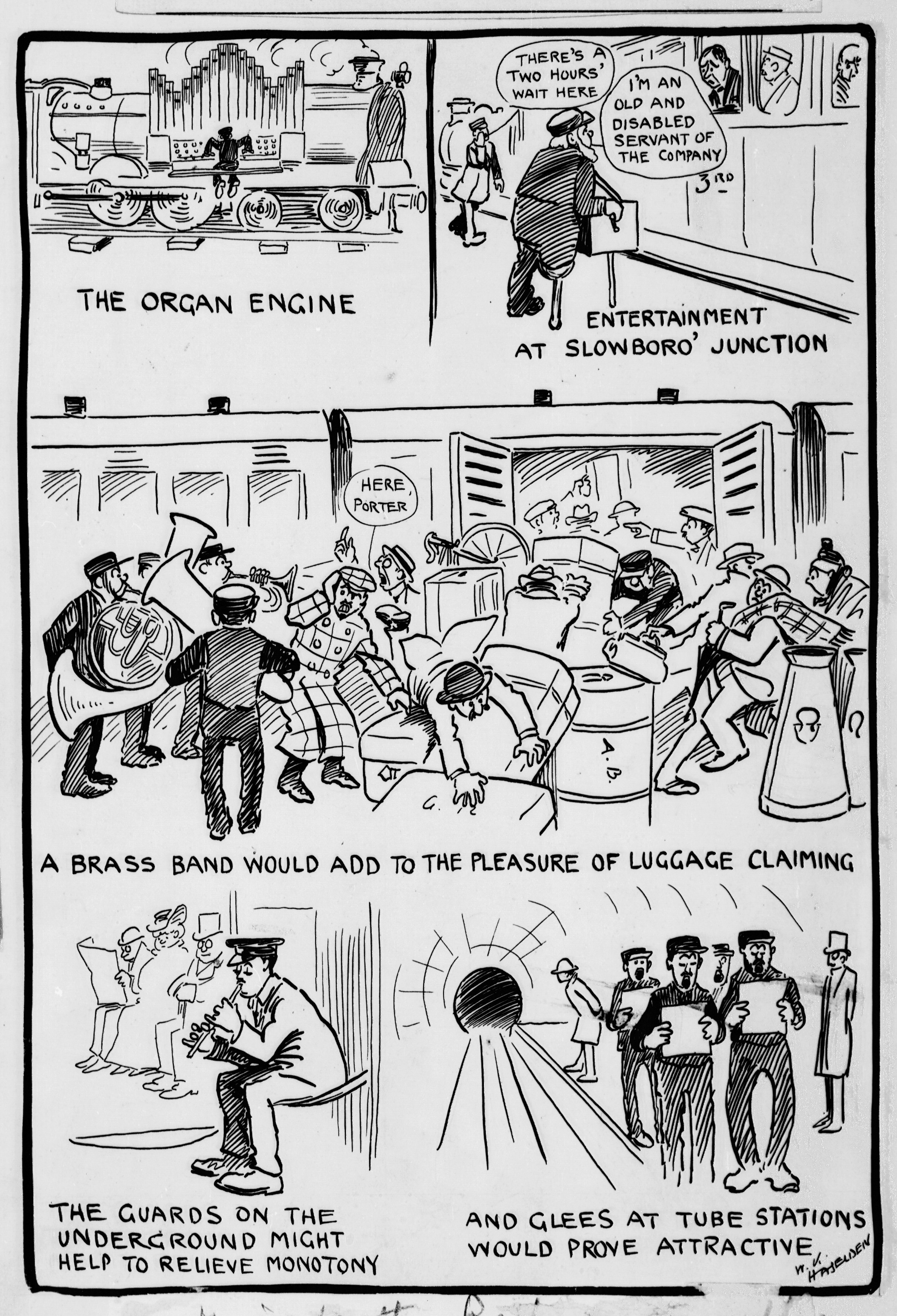 Cartoon by W.K. Haselden showing the different types of music that would entertain railway commuters