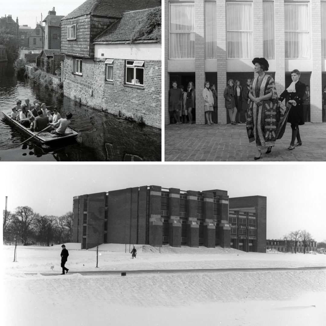 (Clockwise L - R): UKA/PHO/1/620: Stour River tours!, UKA/PHO/1/122: Duchess of Kent leaving the first graduation ceremony in Eliot Dining Hall, complete with page boy, UKA/PHO/1/140: Snow around the original Library