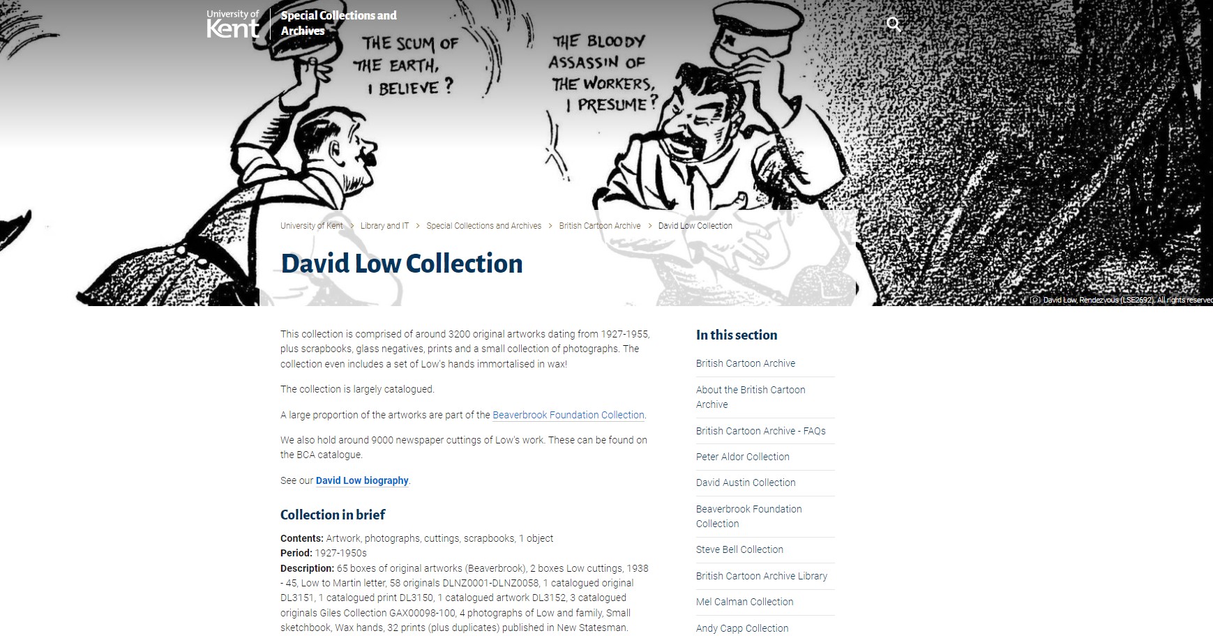 Screenshot of the David Low Collection page on our new website with a famous Low cartoon as its background.