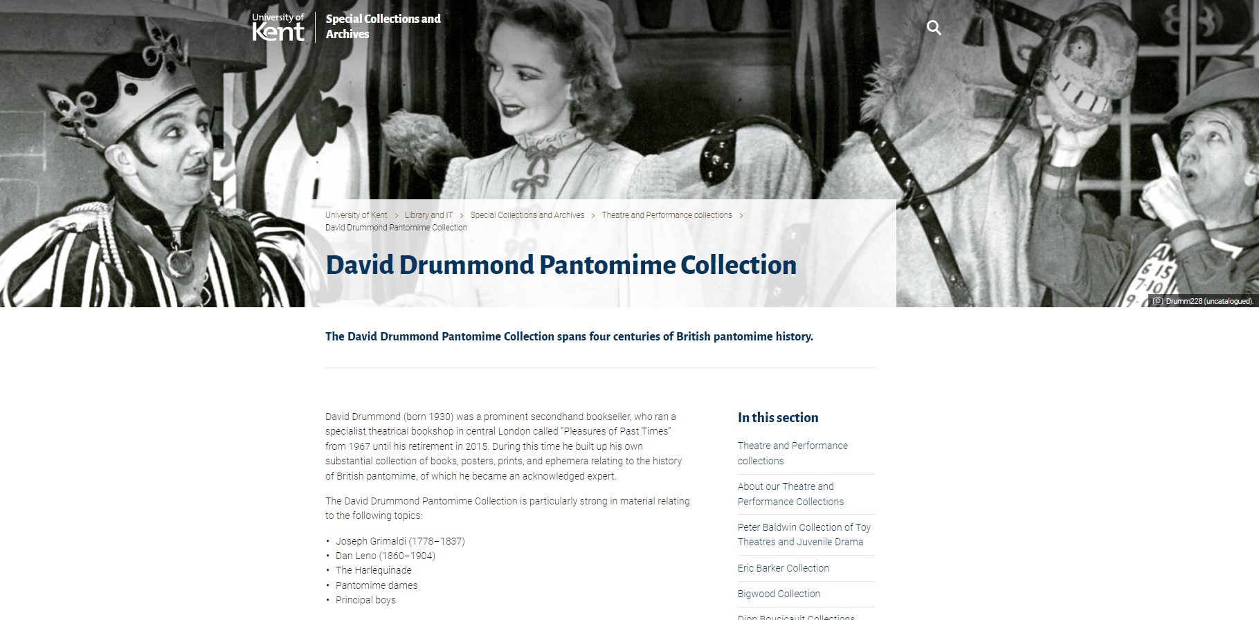 Screenshot of the collections page for the David Drummond Pantomime Collection.