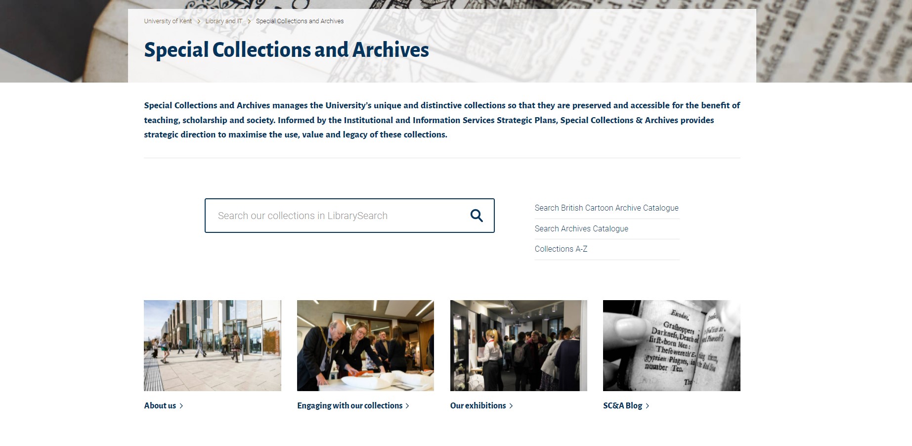 Screenshot of the new SC&A homepage. It is much more visual and core links to search our collections are front and centre of the page.