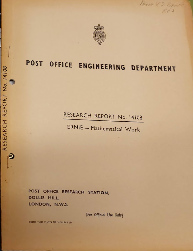 Front cover of a text report showing the text "Post Office Engineering Department, Research Report no 14108, ERNIE - Mathematical work" with the name Miss VS Brook in the top right hand corner