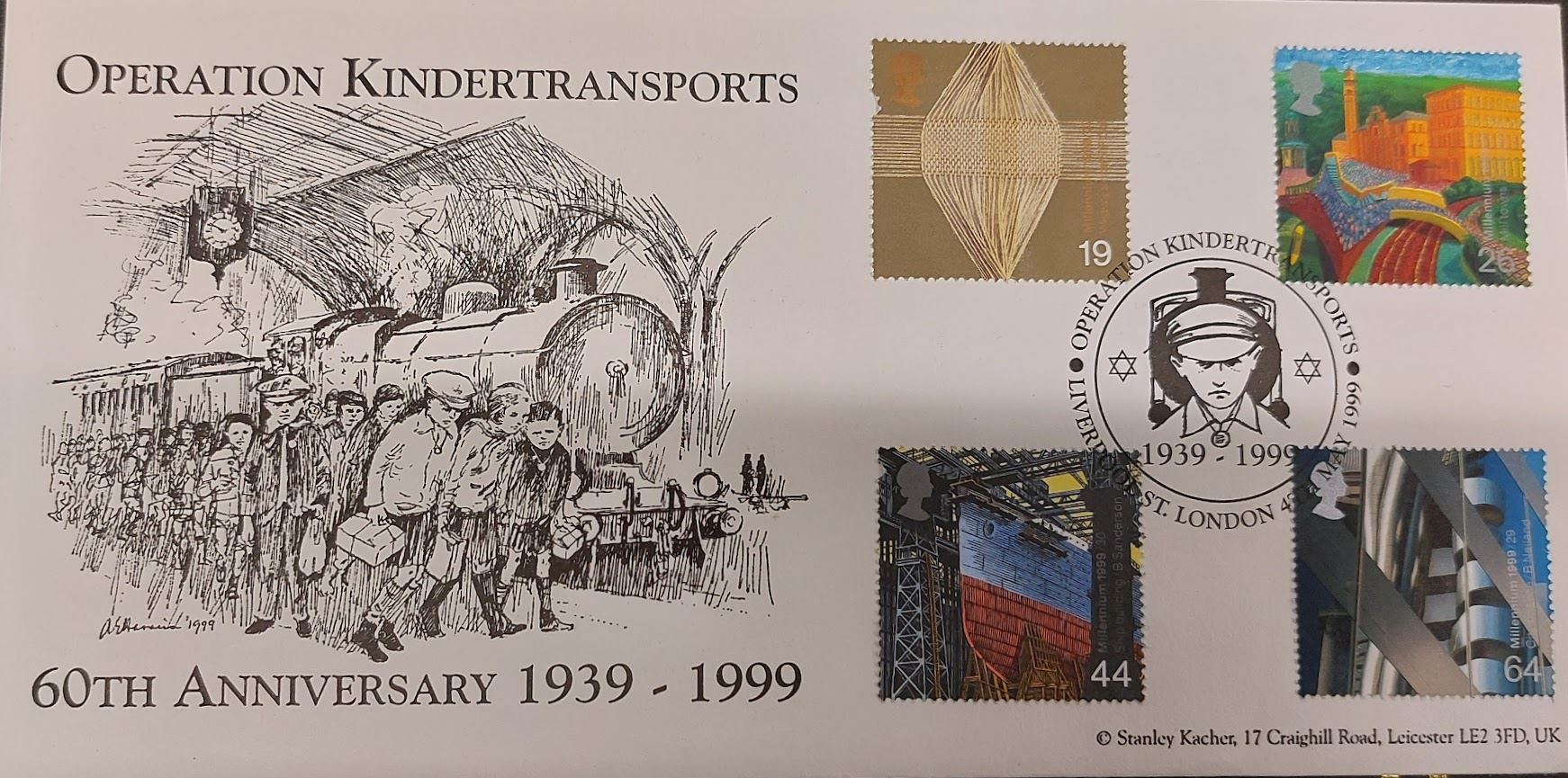 Decorated commemorative cover (decorated envelope) with a sketch of a train with children arriving on the platform, and 4 stamps, and special postmark stamp. Text reads Operation Kindertransports 60th Anniversary 1939-1999