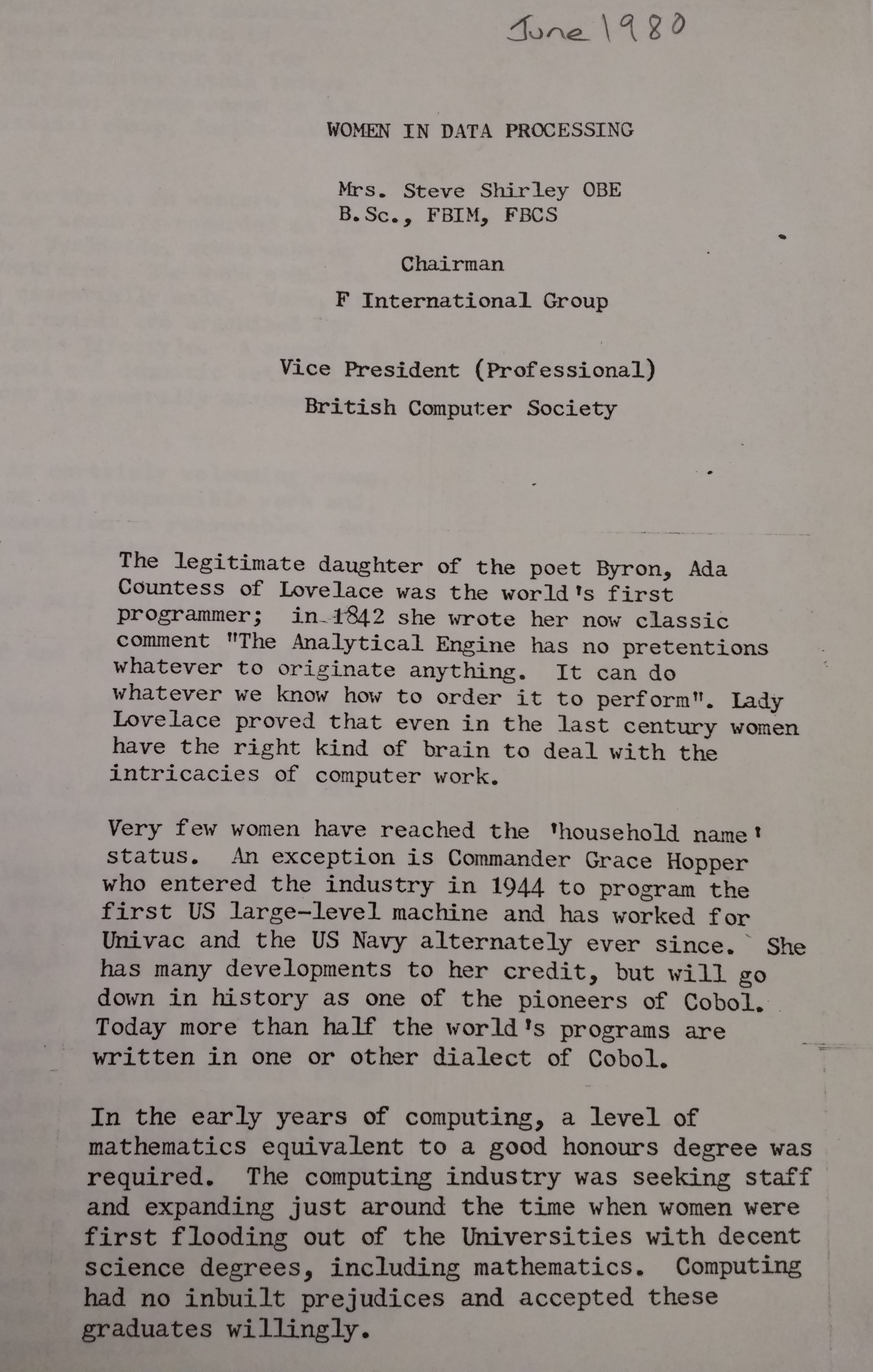 Text page of a speech on Women in Data Processing June 1980