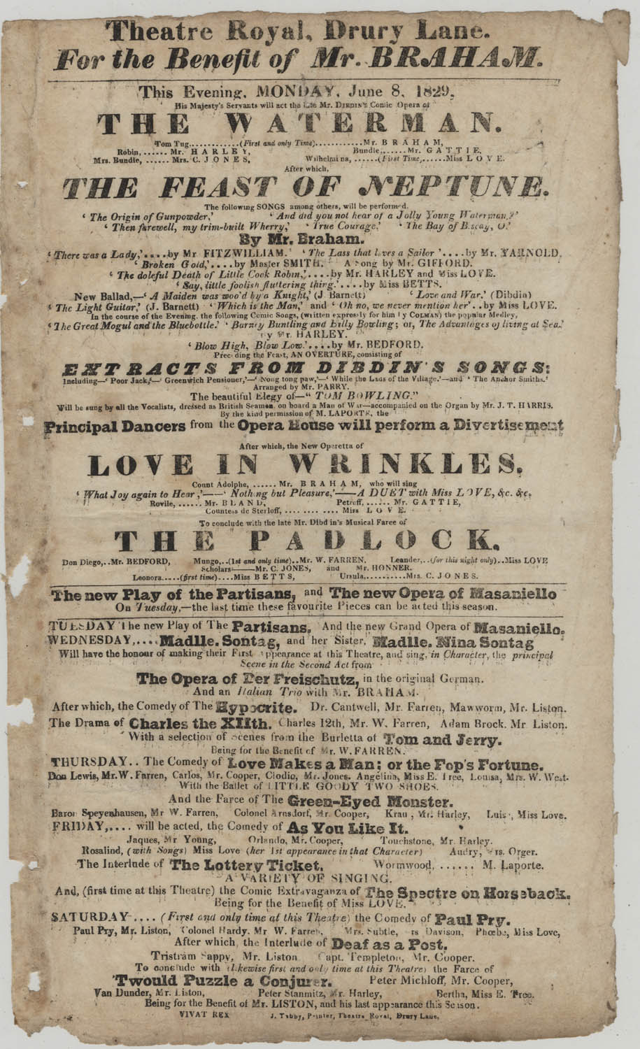 Historic document, a playbill, for a performance of The Waterman in 1829