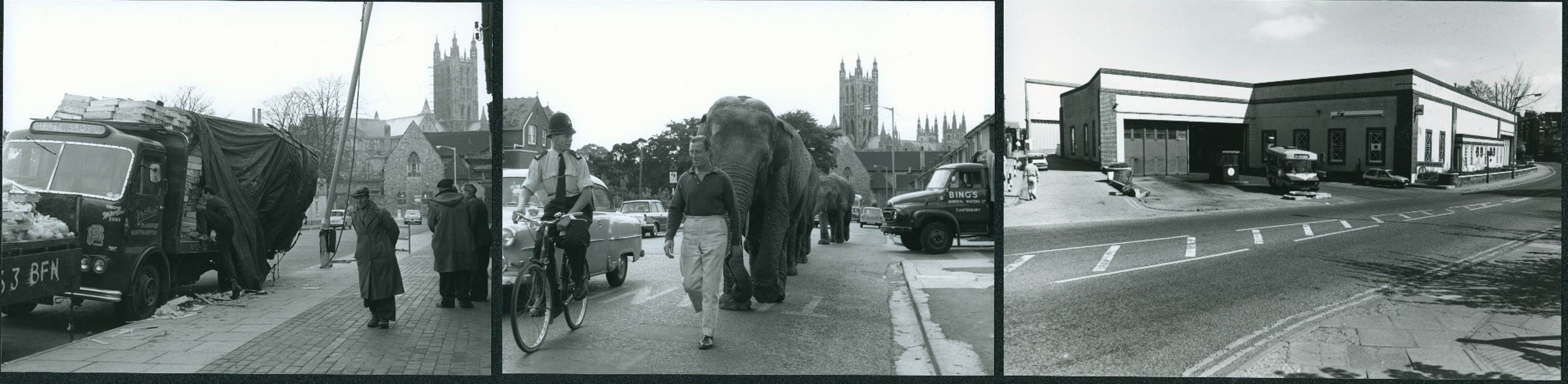 three images left to right: A black and white photograph of a delivery van parked up on a road, with the load on the back of the van spilling over in to the street. A black and white photograph of an elephant being paraded through Canterbury High Street. A man walks in front of the elephant, talking to a policeman in uniform riding a bicycle. A black and white photograph of a garage with a van in the driveway.