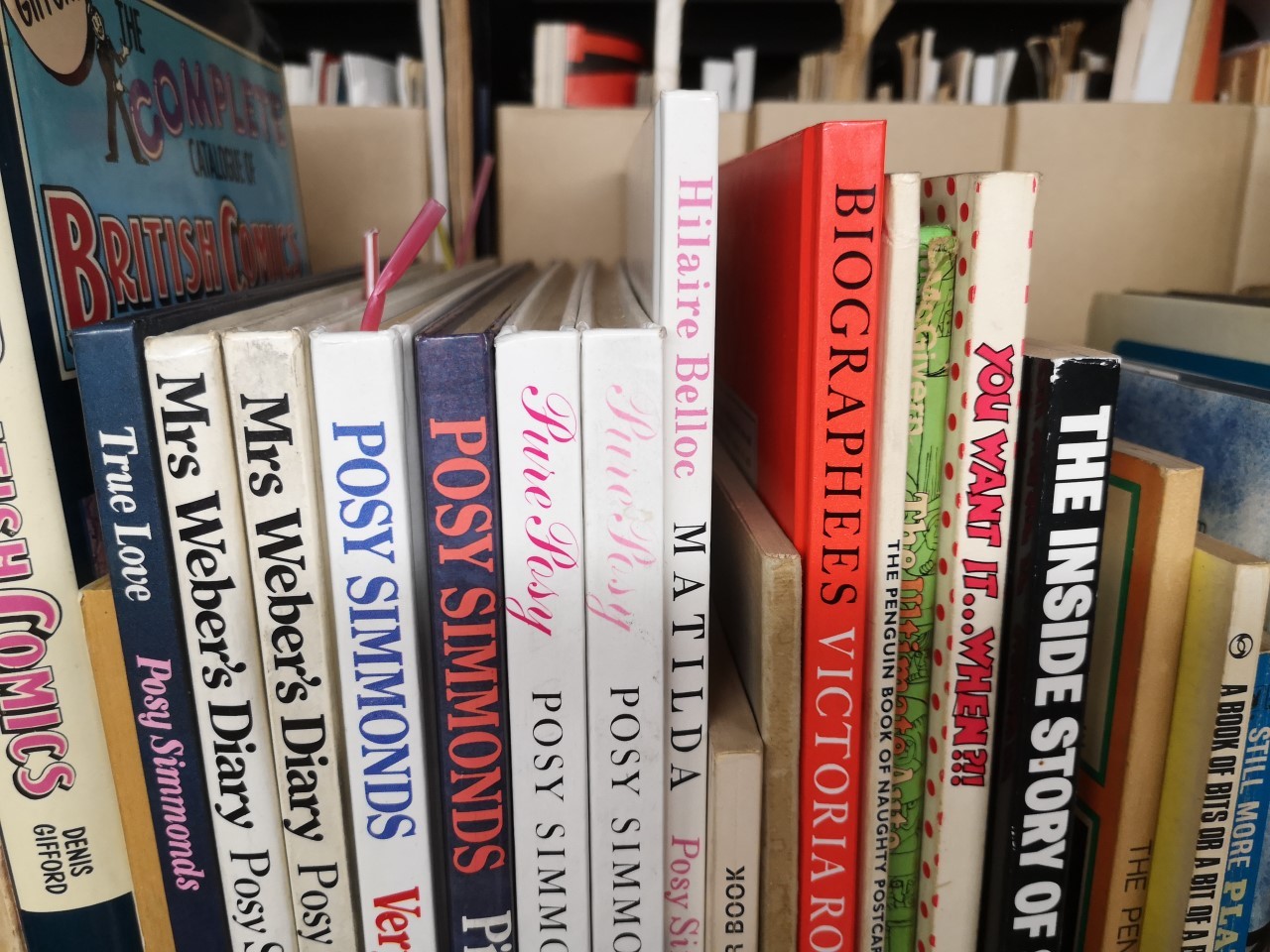 A photograph of books from the Giles library on a shelf.