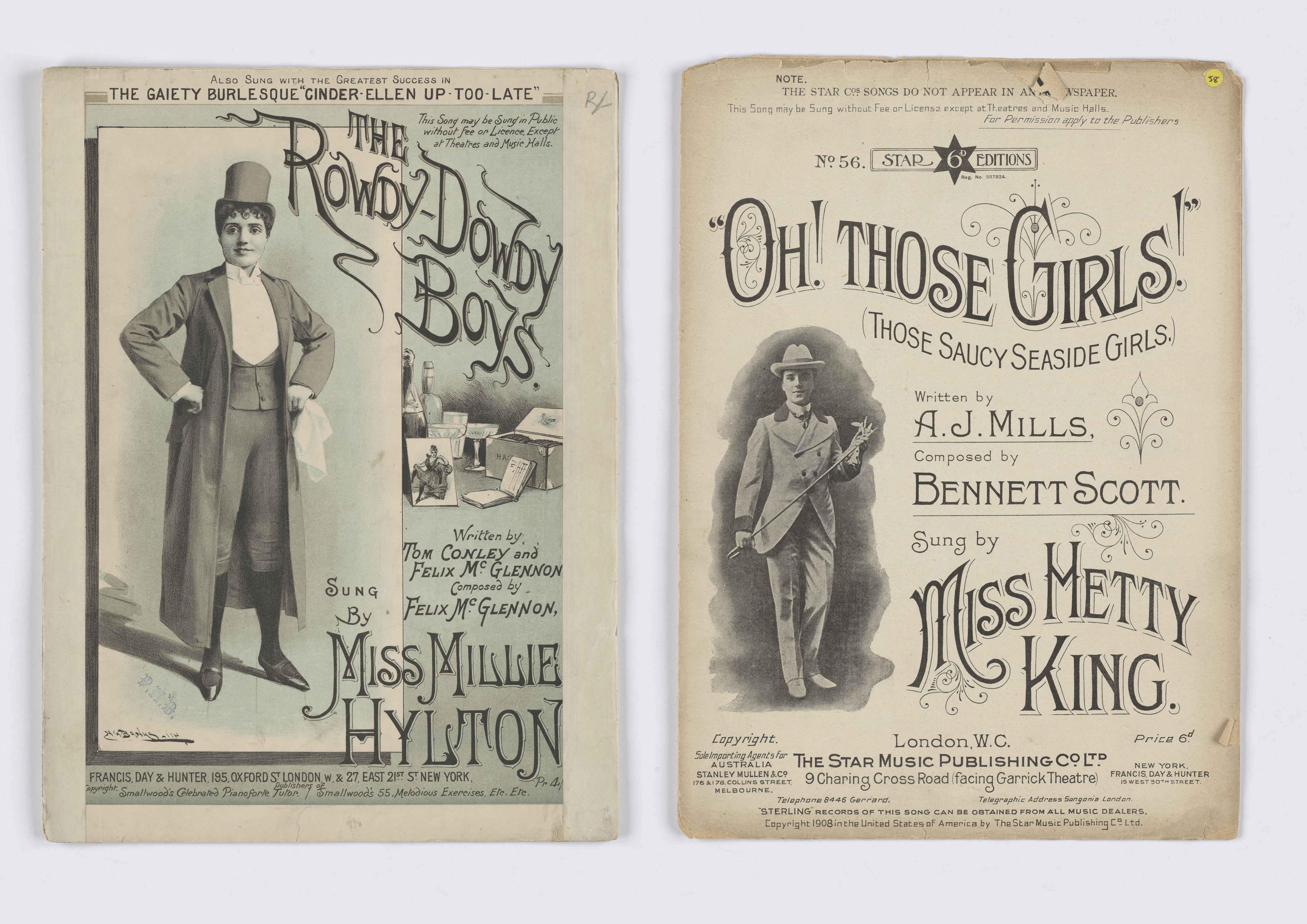 An image of two songsheet covers. On the left is Mille Hylton, 'The rowdy Dowdy Boys'. On the cover stands mille Hylton in a full suit and top hat. On the right is Hetty King's, 'Oh! Those girls! (those saucy seaside girls)'. On the cover we see a photograph of Hetty King, standing wearing a full suit and hat, and holding a walking cane.