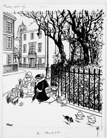 Black and white cartoon of a residential street with park gates, with Grandma, Vera, George Junior, Stinker and the twins (members of the Giles Family) standing on the pavement. George Junior is chaining Grandma's foot to the railings while she looks the other way. 