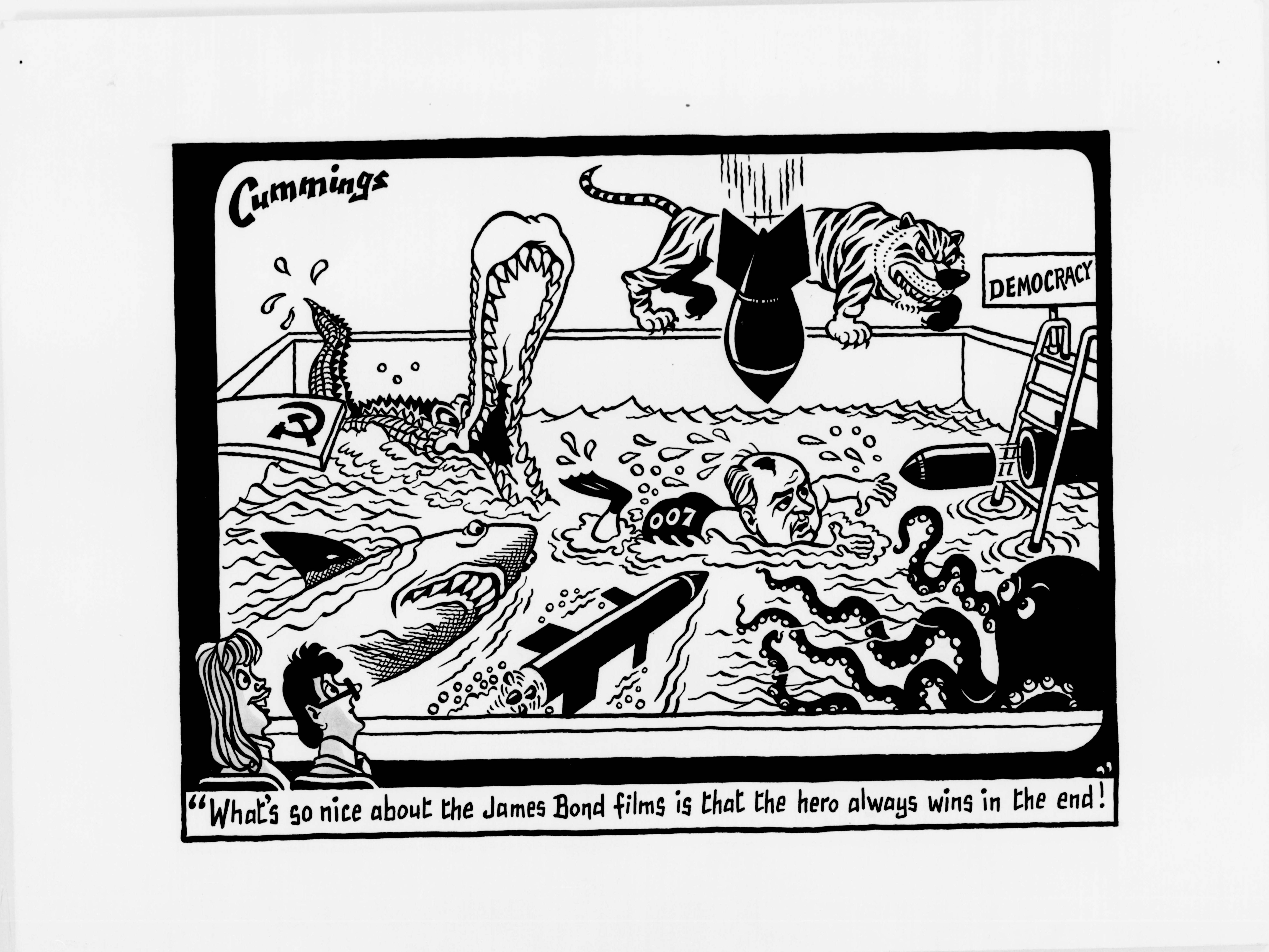 Cartoon in black and white showing a swimming pool with two people looking at the scene. In the pool a man (Mikhail Gorbachev) wearing swimming trunks labelled 007 has dived into the pool from a diving board labelled with a hammer and sickle (representing communism), and is swimming towards a ladder to get out of the pool. The ladder is labelled 'Democracy'. As he swims he is trying to avoid multiple attacks or obstacles including a crocodile with it's mouth open, a shark, a missile, a bullet coming out of a gun, an octopus, a bomb dropping from the sky, and a tiger prowling around the edge of the pool.