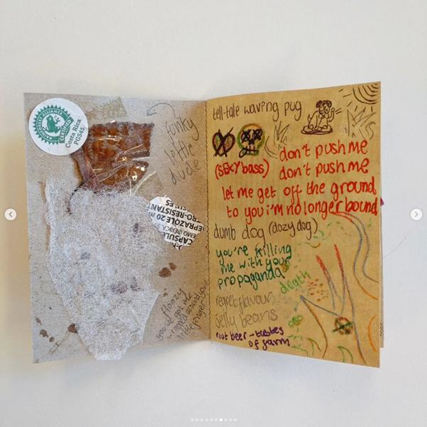 Image of example pages from Welcome to heck, with leaf and other sensory pieces pasted in.