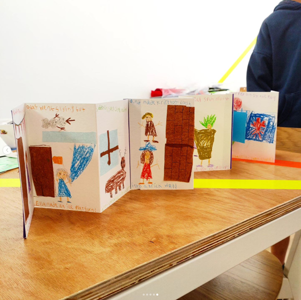 A hand-made concertina book revealing a story of a surprise birthday party and the arrival of different guests.