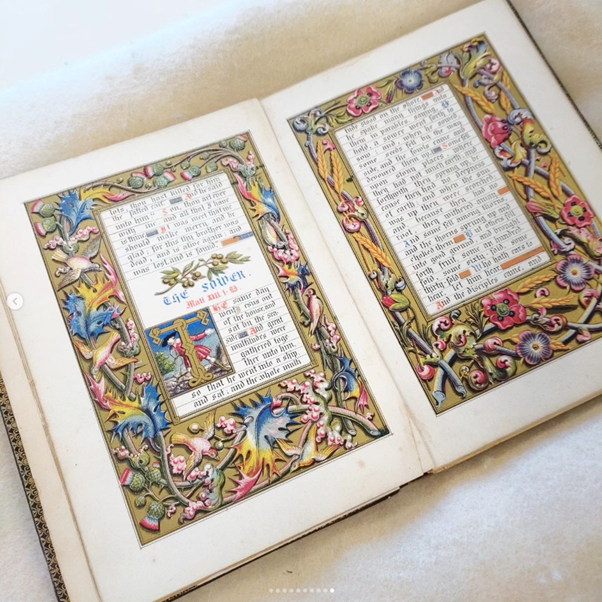 image of Parables of our Lord, showing pages that imitate medieval manuscript and the parable of the sower.