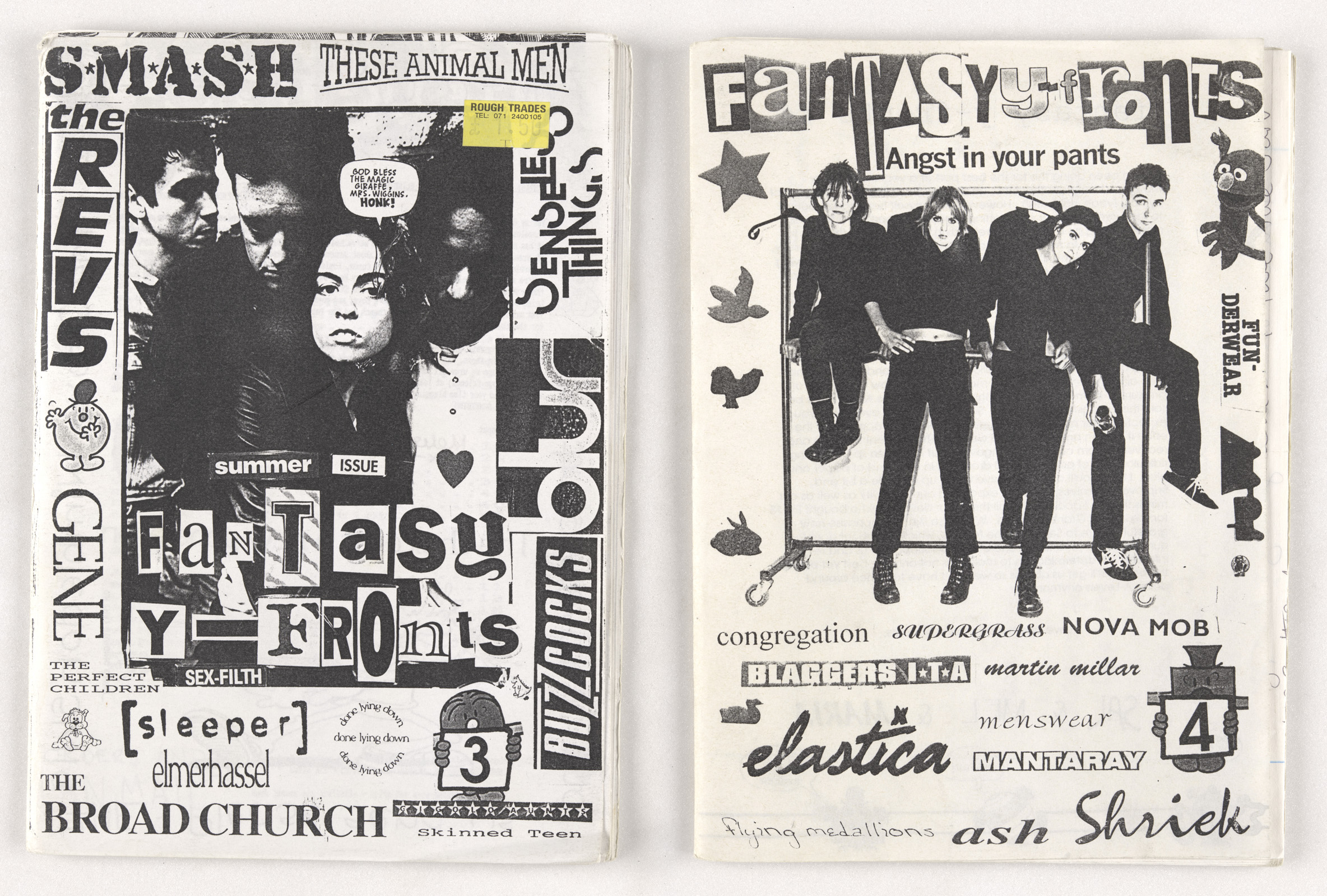 Photographs of the covers of two issues of Fantasy Y-Fronts zine, balck and white photocopies with images of bands alongside text and logos. 