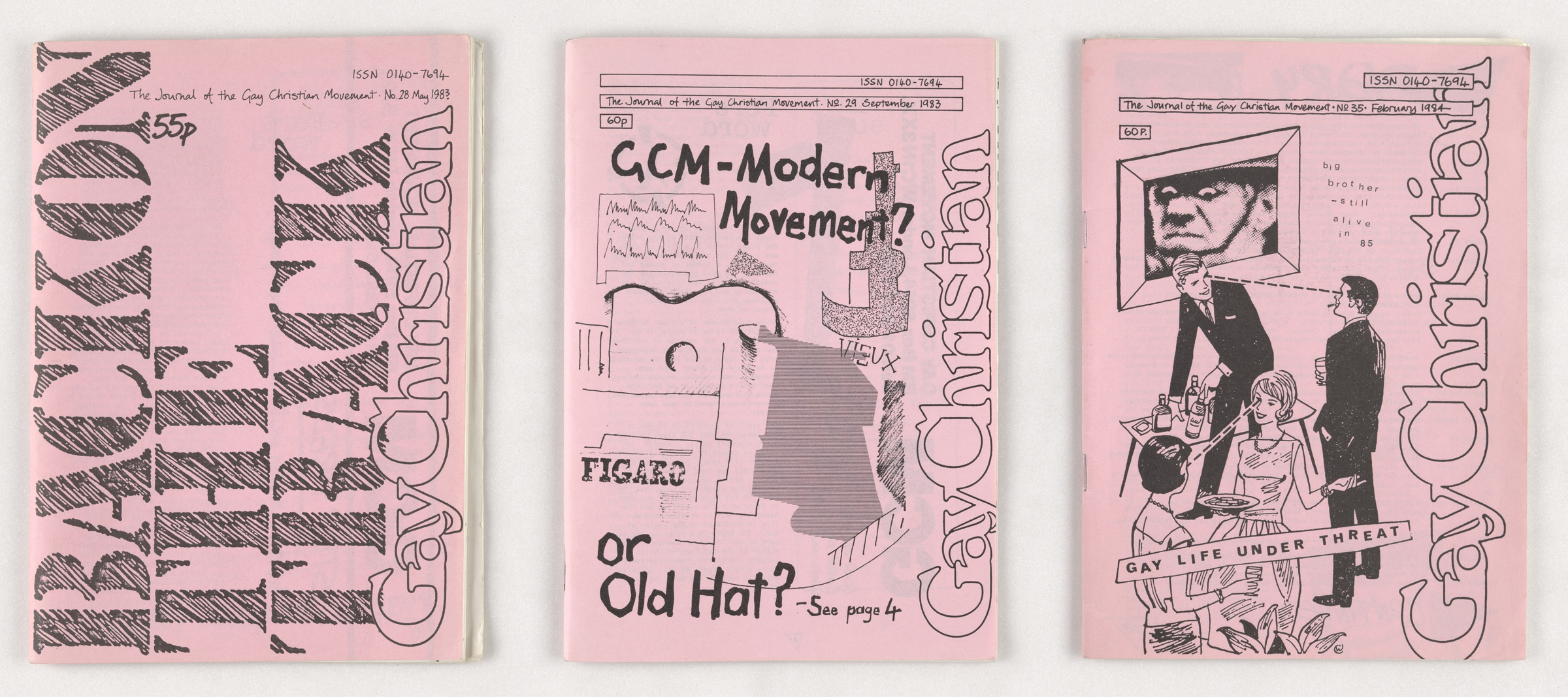 A photograph of 3 issues of Gay Christian zine, each photocopied on to pink paper.