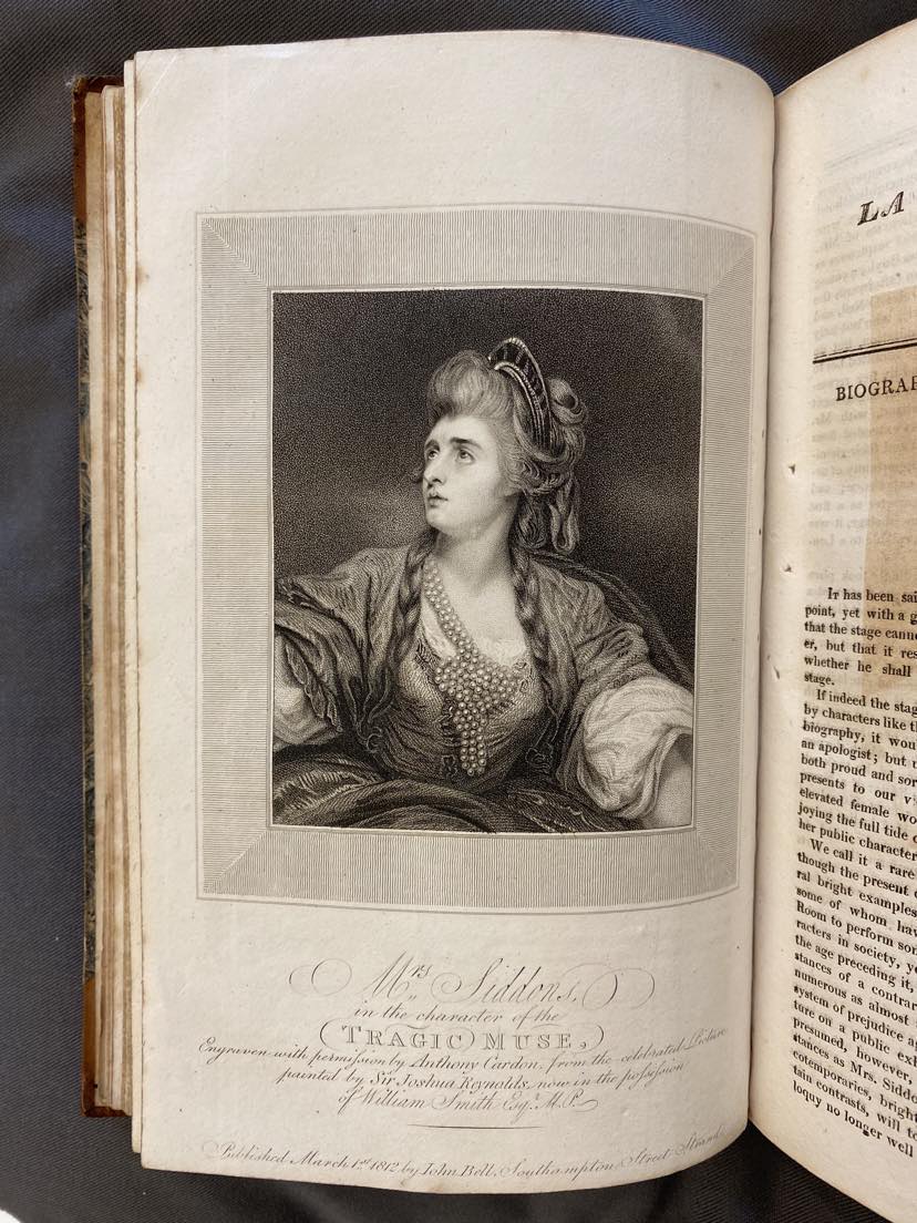 Plate from La belle assemblée featuring Sarah Siddons as the tragic muse, and accompanying her biography.