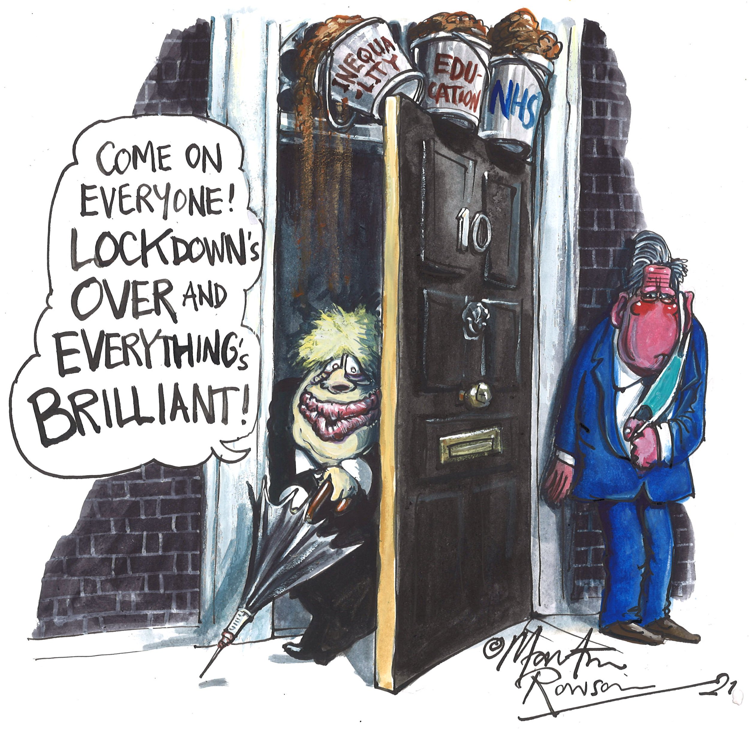 Cartoon showing the door to Number 10, being opened by Boris Johnson holding an umbrella, with buckets of excrement balanced on the top and about to come down on his head. The buckets are labelled 'Inequality', 'Education' and 'NHS'. Keir Starmer is shown hiding just beyond the opening door and is pulling his mask down. 