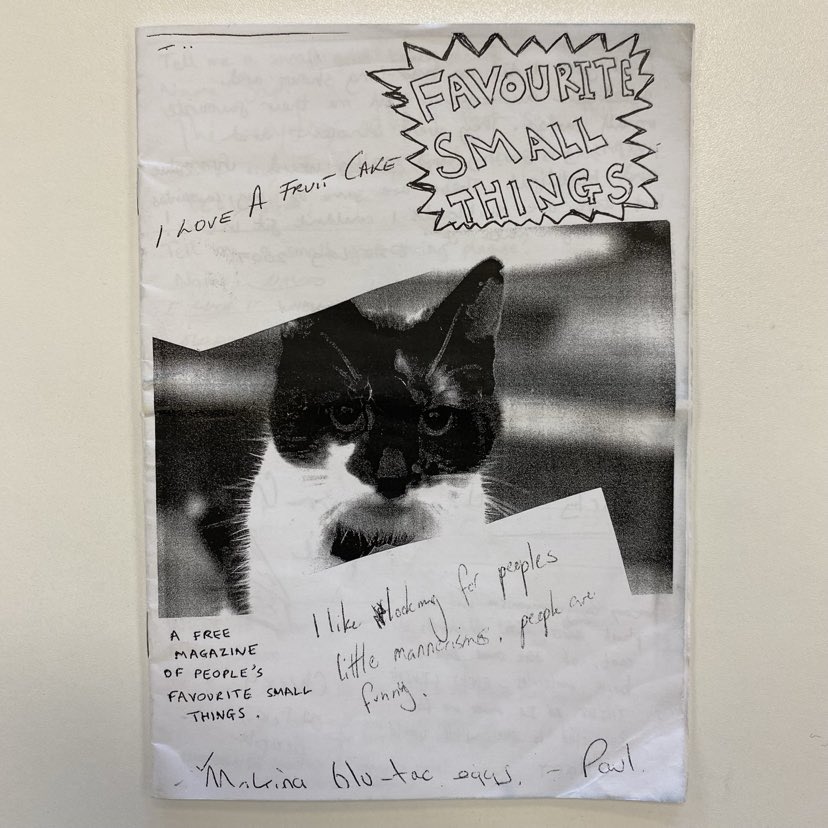 Image of the front cover of Josie Long's zine called favourite small things, featuring a photograph of a cat.