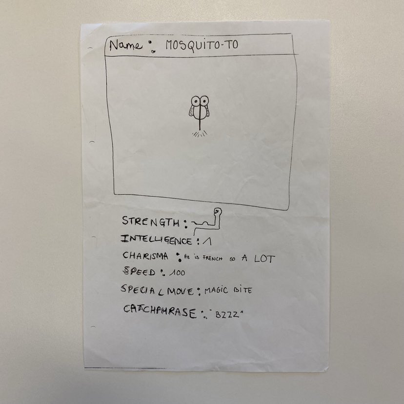 Picture of an audience character drawing named mosquito-to, featuring a drawing and listing characteristics of strength, intelligence, charisma, speed, special move, and catchphrase.