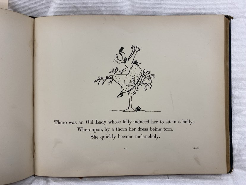 Image of Edward Lear's limerick: There was an old lady whose folly induced her to sit in a holly; Whereupon, by a thorn her dress being torn, She quickly became melancholy.