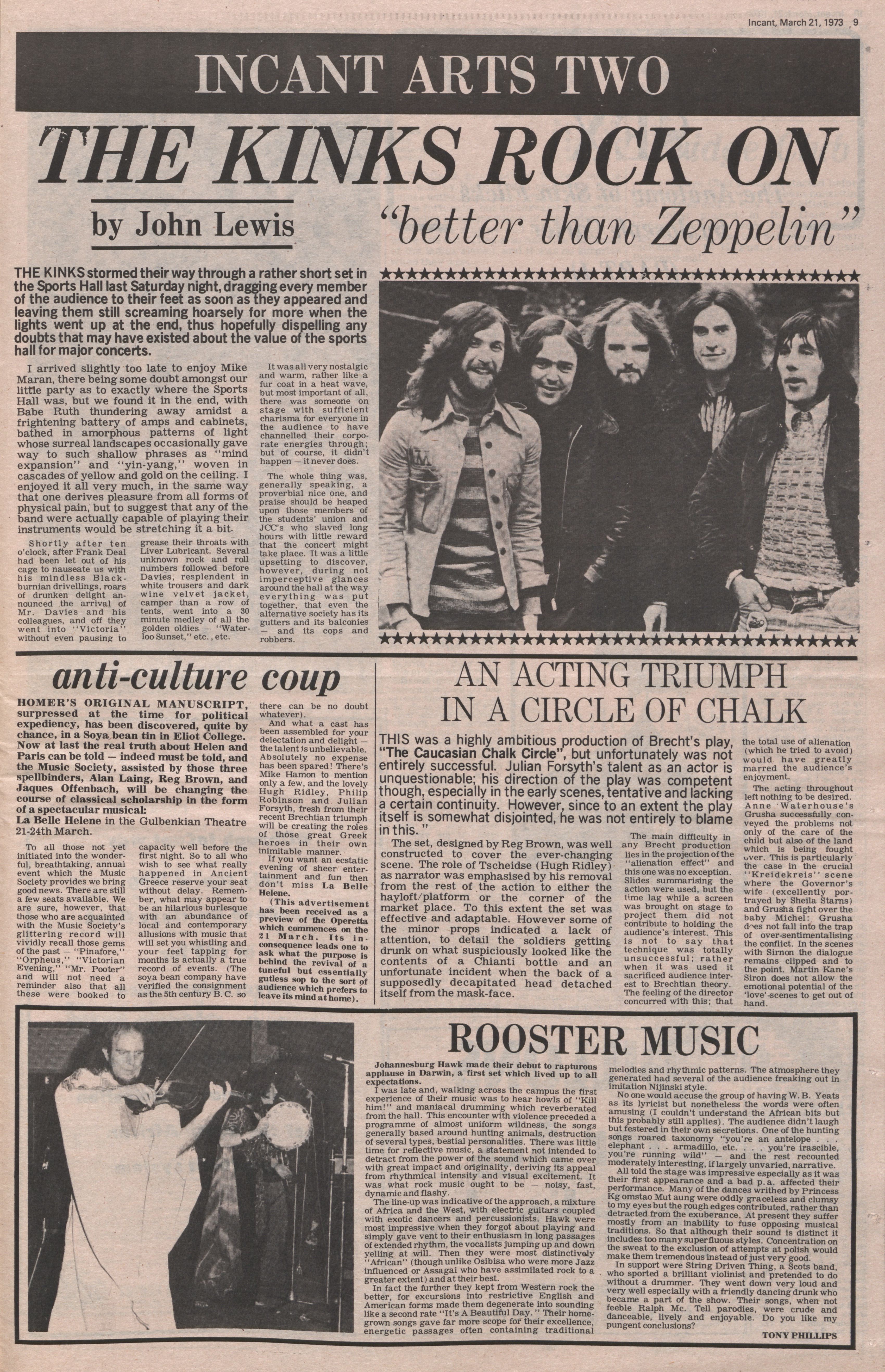 Page of a newspaper showing an article titled The Kinks Rock on about a Kinks concert on the University of Kent campus in 1973
