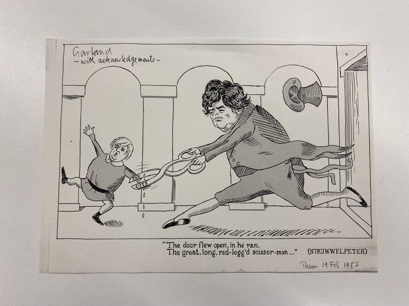 Image of a cartoon by Nicholas Garland, derived from the illustration in Struwwelpeter where a boy's thumbs are cut off by the scissor-man.