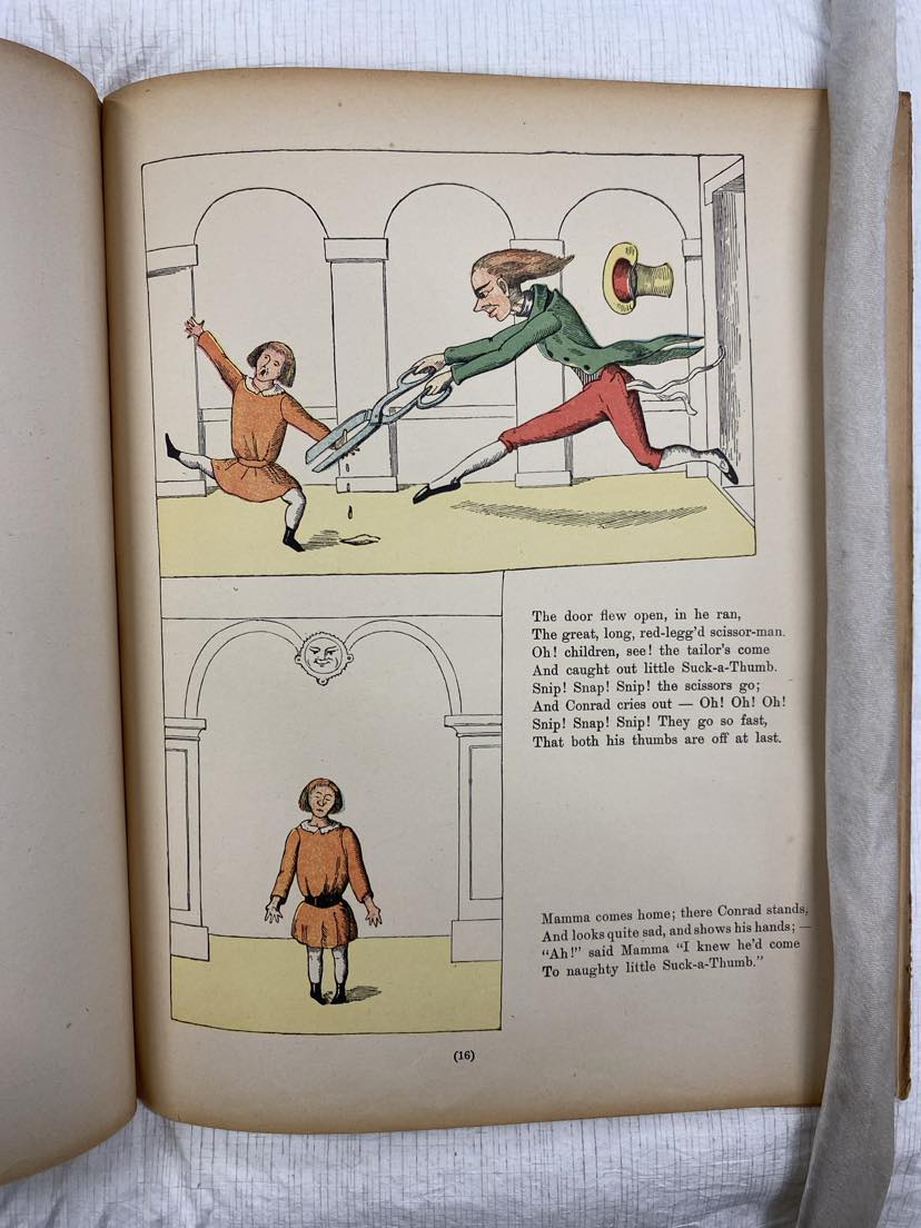 Image of page from Struwwelpeter, which illustrates the scissor-man cutting off a boy's thumbs.
