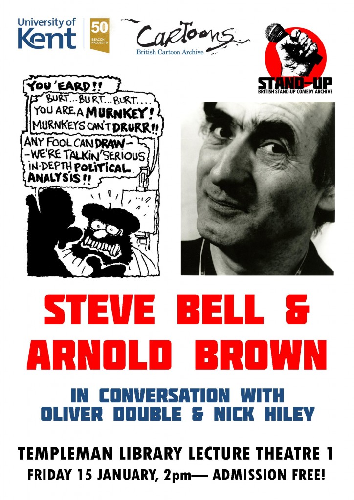 Poster advertising Steve Bell &Arnold Brown in conversation