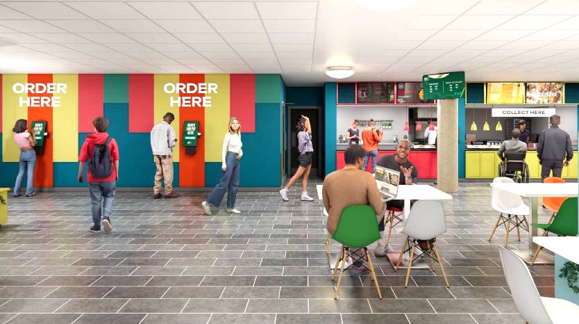 Hut 8 mock up visual of refurbished space with students using the new digital ordering system
