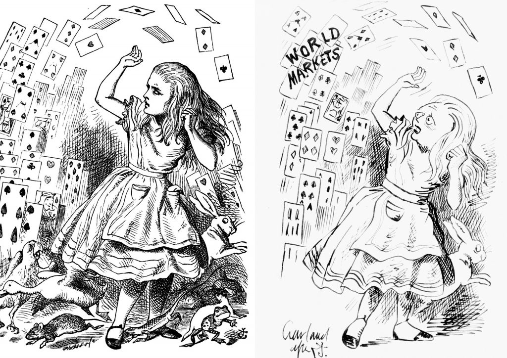 John Tenniel's original illustration of Alice being attacked by the pack of cards (left) alongside a political cartoon by Nicholas Garland depicting Margaret Thatcher as Alice being assailed by 'world markets' (right).