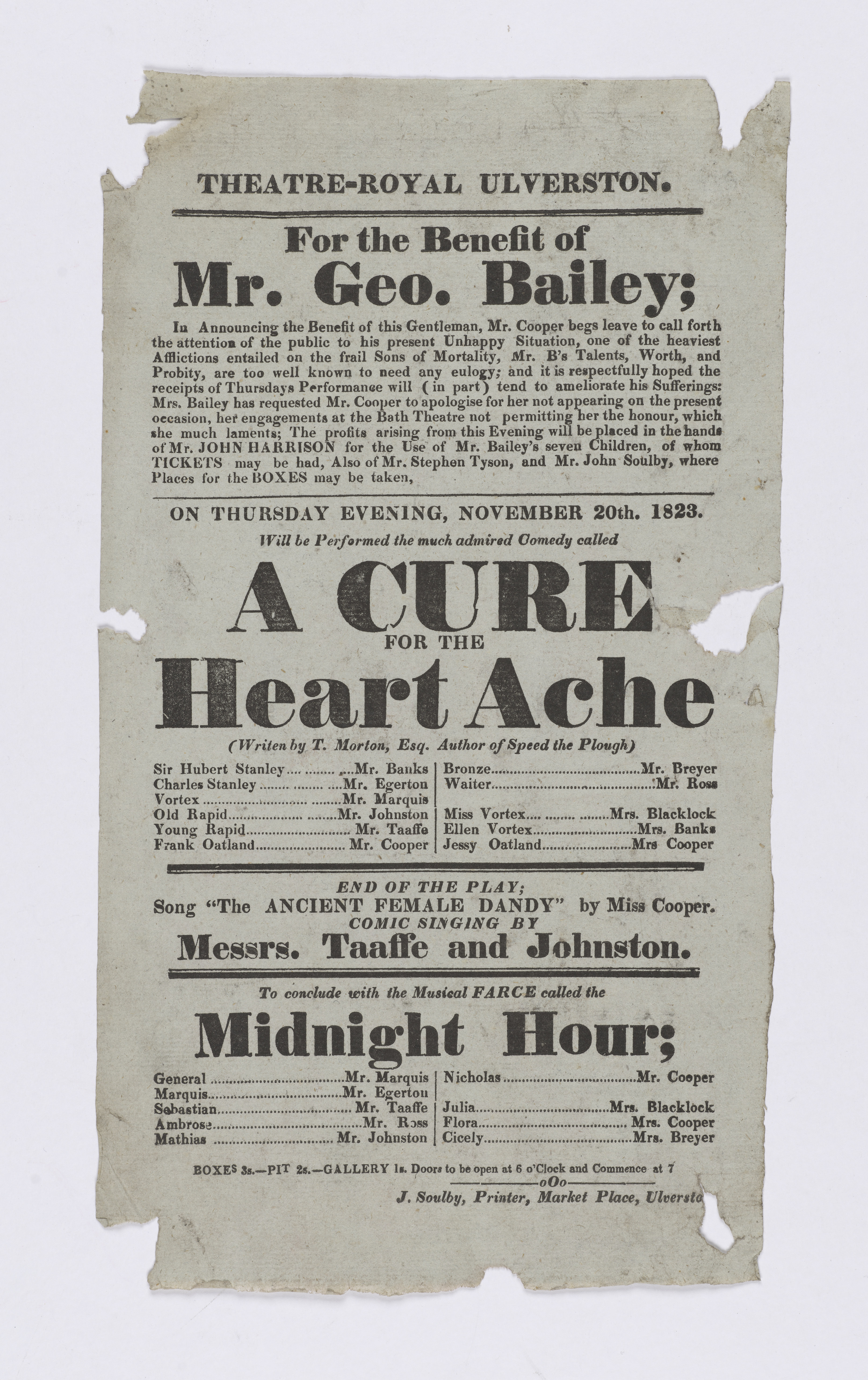 Theatre playbill with text describing a performance of A Cure for the Heart Ache in 1823 at the Theatre Royal in Ulverston