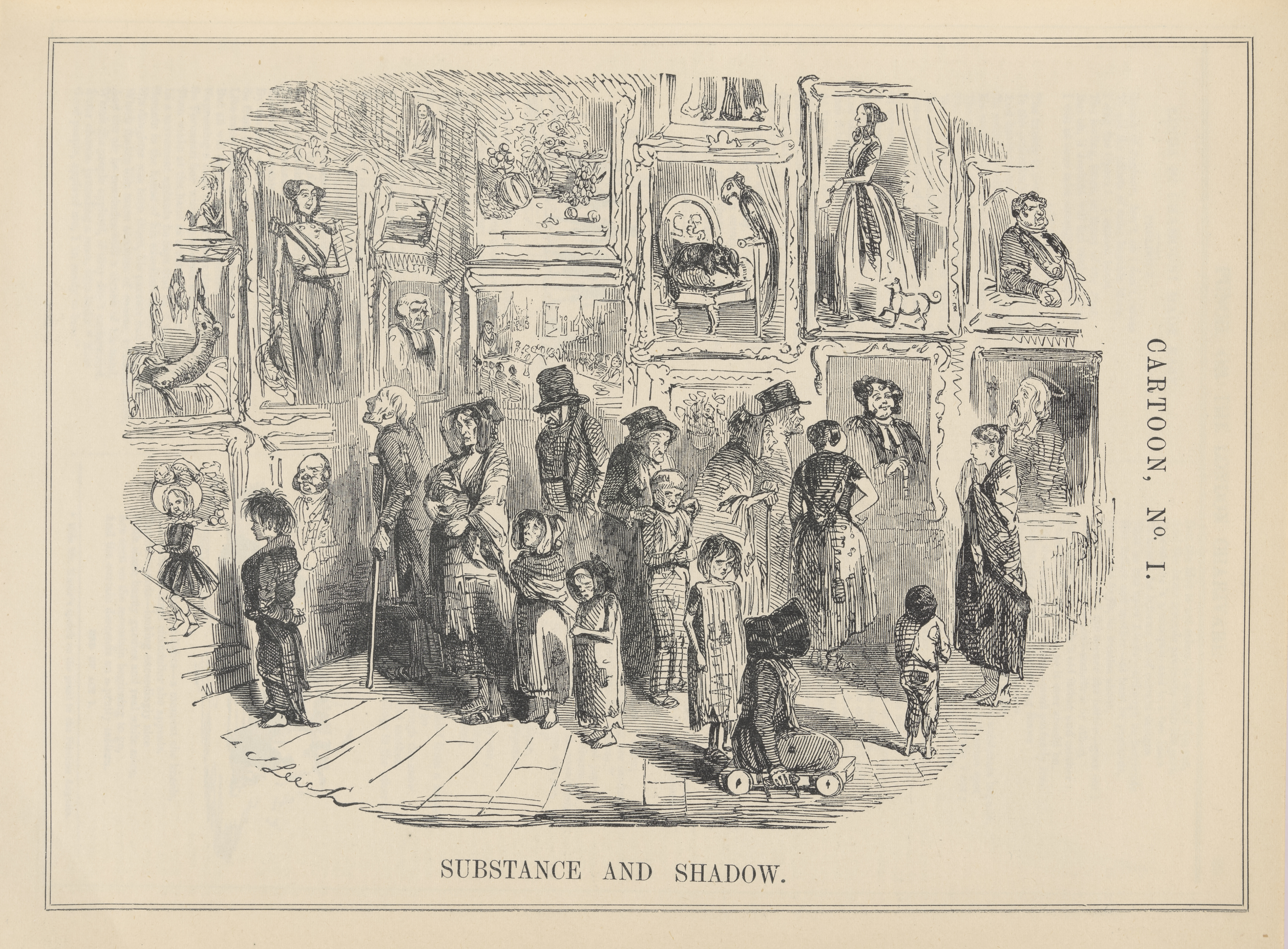 Black and white cartoon showing poorly dressed people in an art gallery looking at pictures of wealthy and richly dressed people 