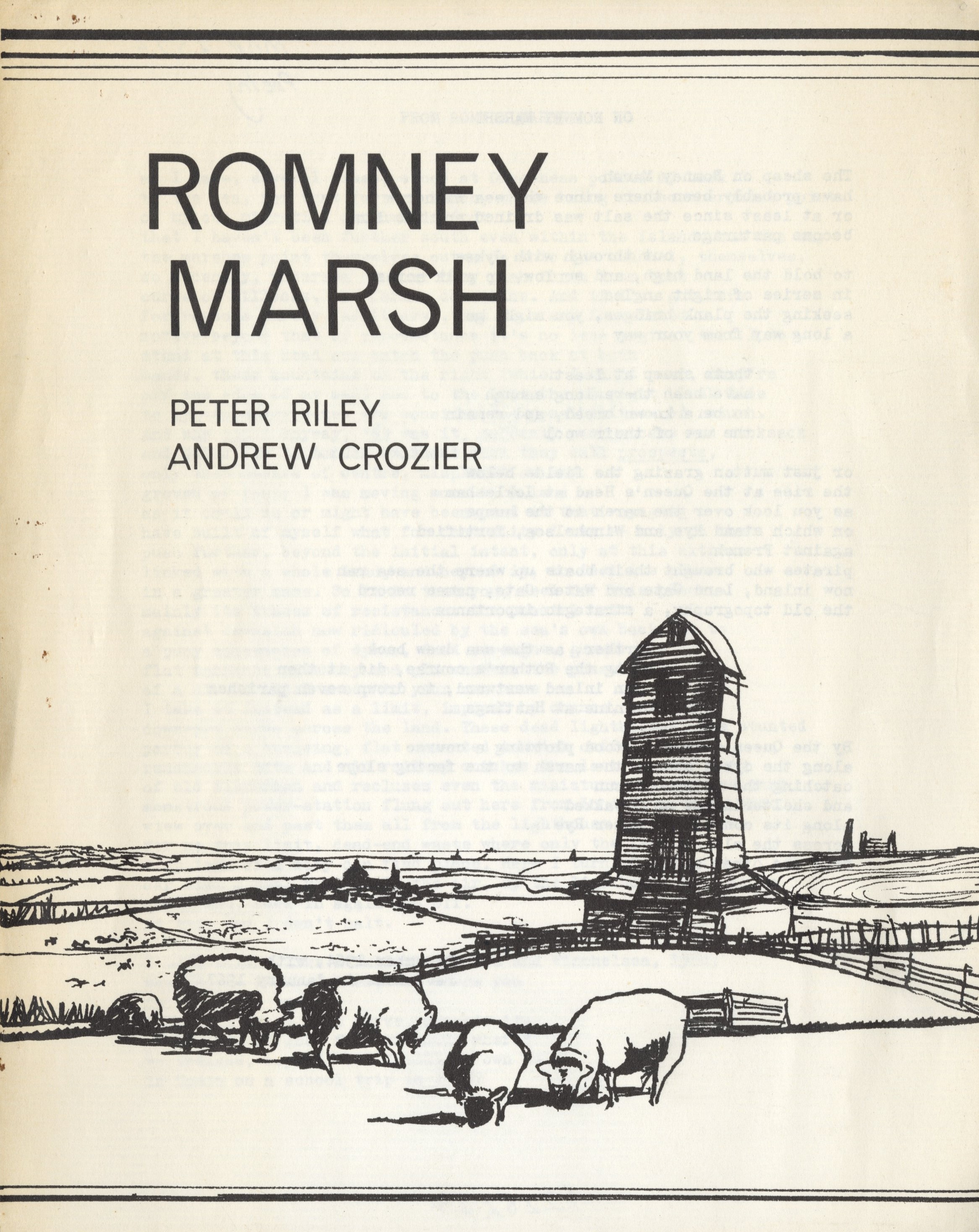 Front cover of the poem Romney Marsh by peter Riley and Andrew Crozier. The cover shows a drawing of a rural scene with sheep in the foreground, fields into the distance, and a mill without sails.  