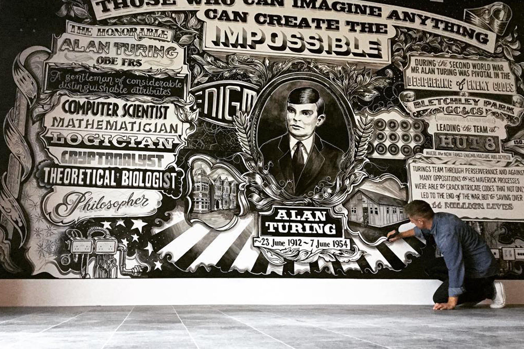 Vic Lee paints the Alan Turing wall mural at Hut 8