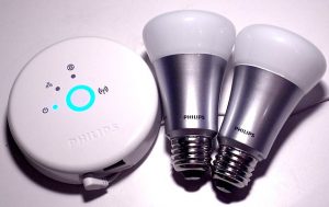Philips Hue first-generation hub and two LED color-changing light bulbs