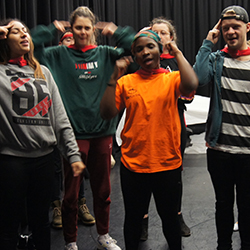 Students from the module Applied Theatre rehearsing in the Lumley Theatre space.