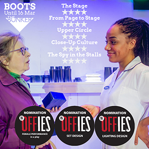 Promotional image for the play 'Boots', showing at the Bunker Theatre until 16 March 2019.