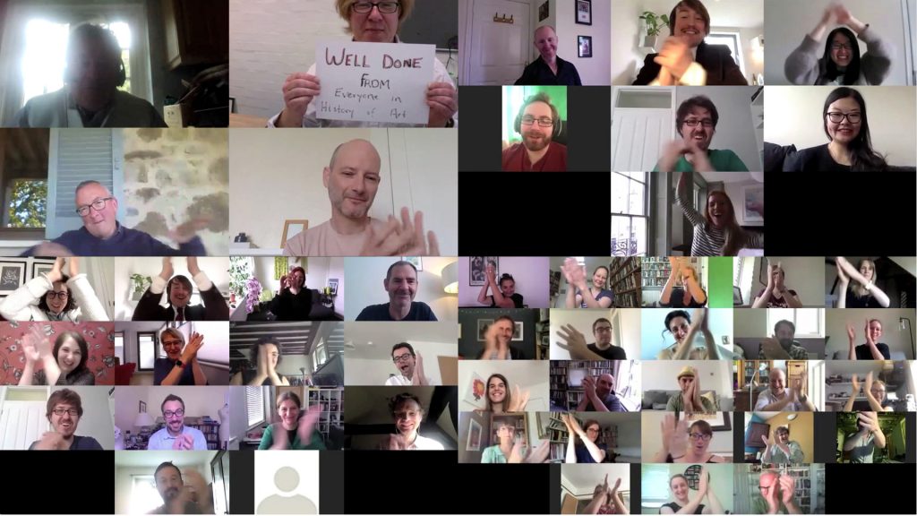 A montage of staff giving their congralations (applause) via Zoom.