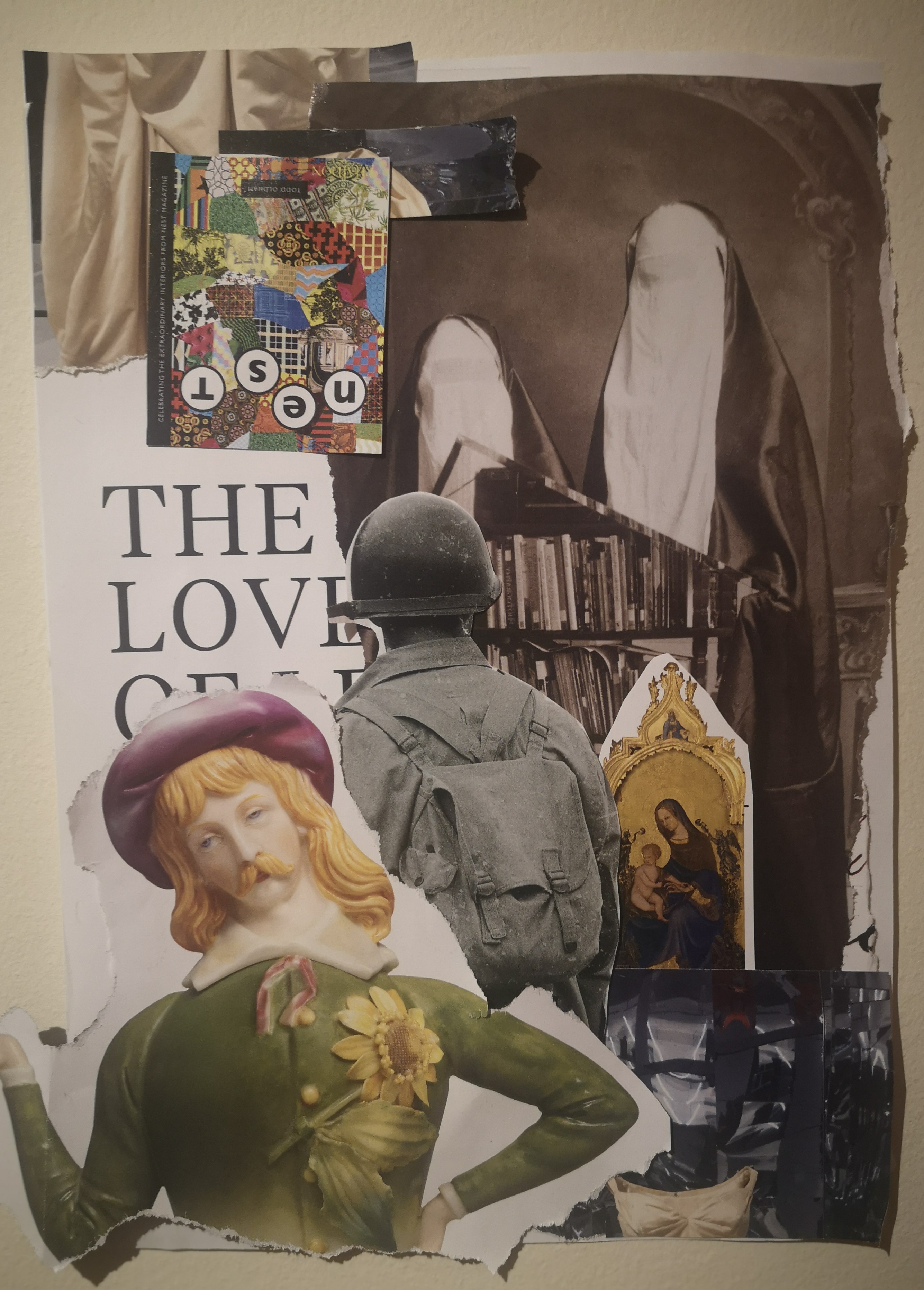 A collage featuring a number of juxtaposed images, including a soldier, a religious icon and the words 