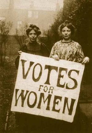 Annie Kenney & Christabel Pankhurst holding a 