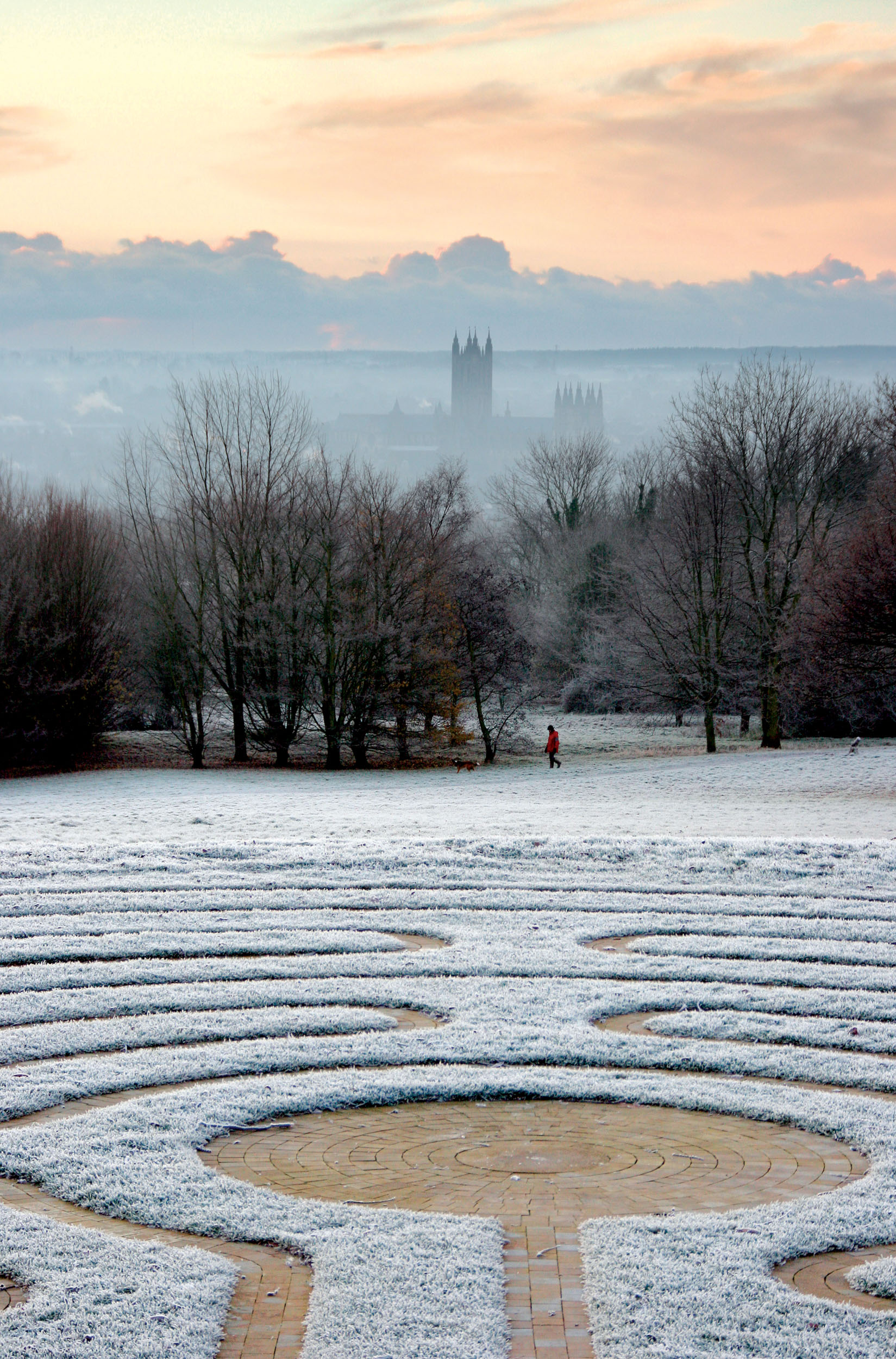 University of Kent labyrinth covered in frost