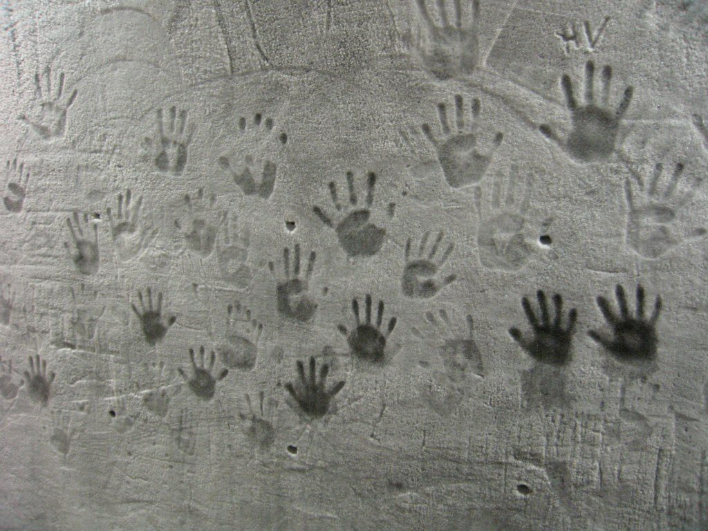 Childrens handprints at the entrance to the Svalbard Global Seed Vault