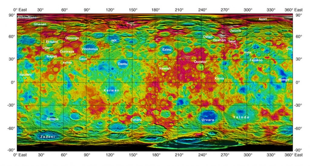 This color-coded map from NASA's Dawn mission shows the highs and lows of topography on the surface of dwarf planet Ceres.