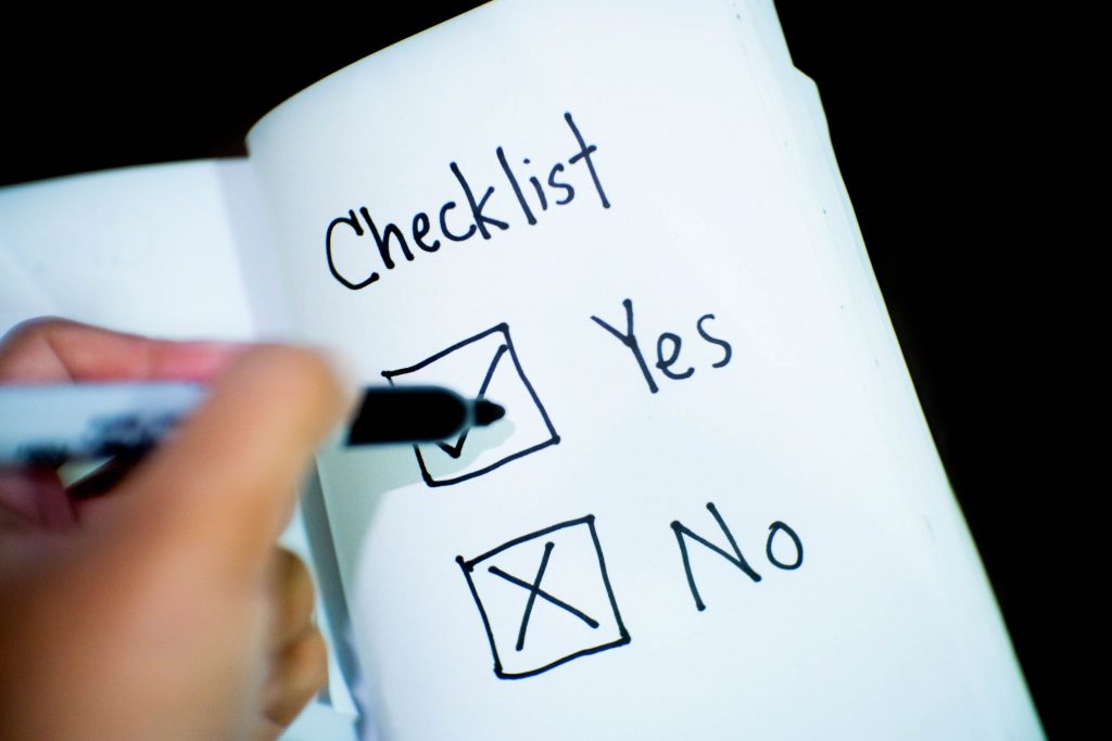 Checklist with yes tick box and no cross box